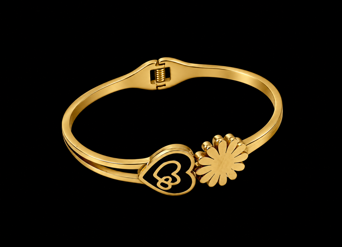 Black Heart & Floral Gold-Tone Bracelet – Elegant Open Bangle