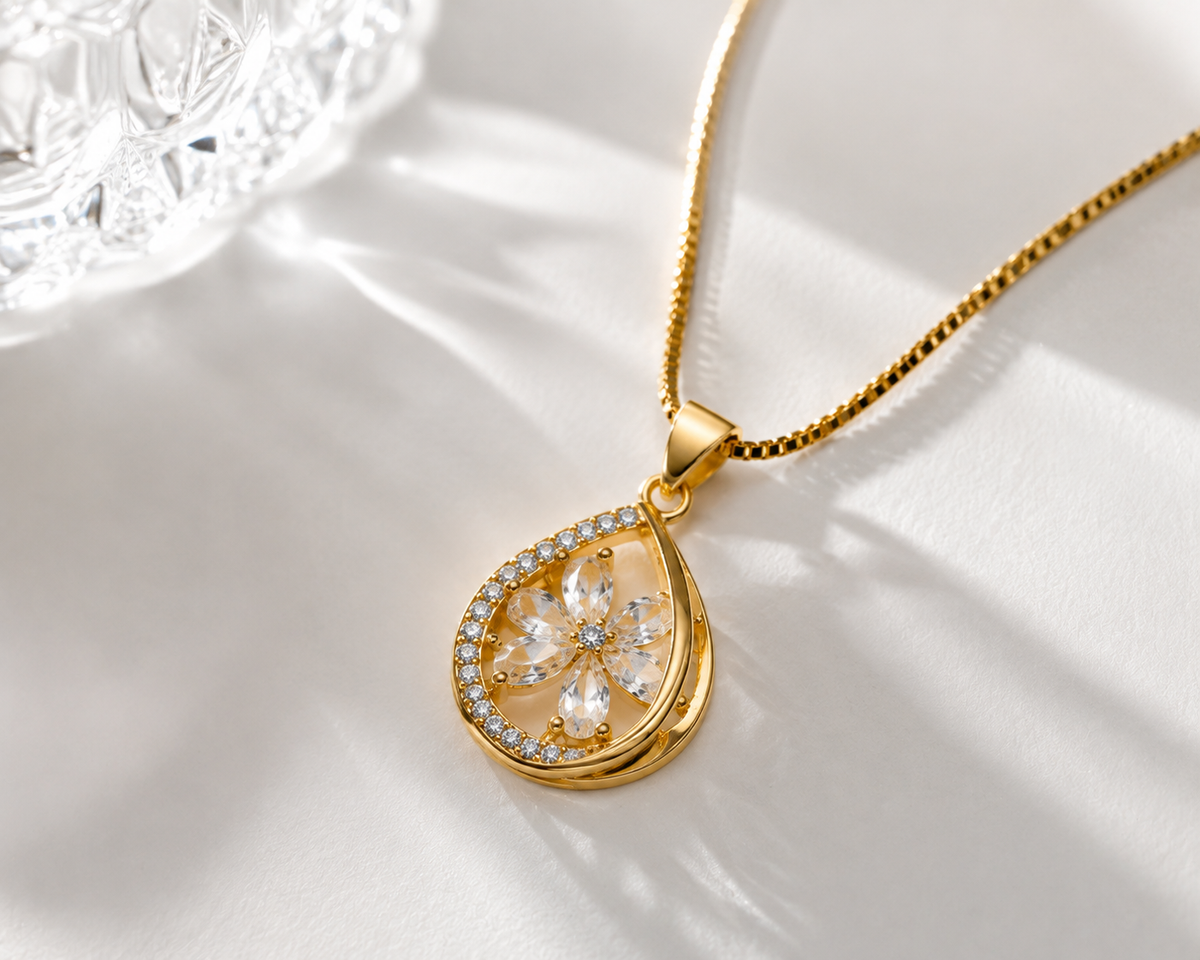 Floral Crystal Pendant Necklace – Dainty Gold-Tone Necklace