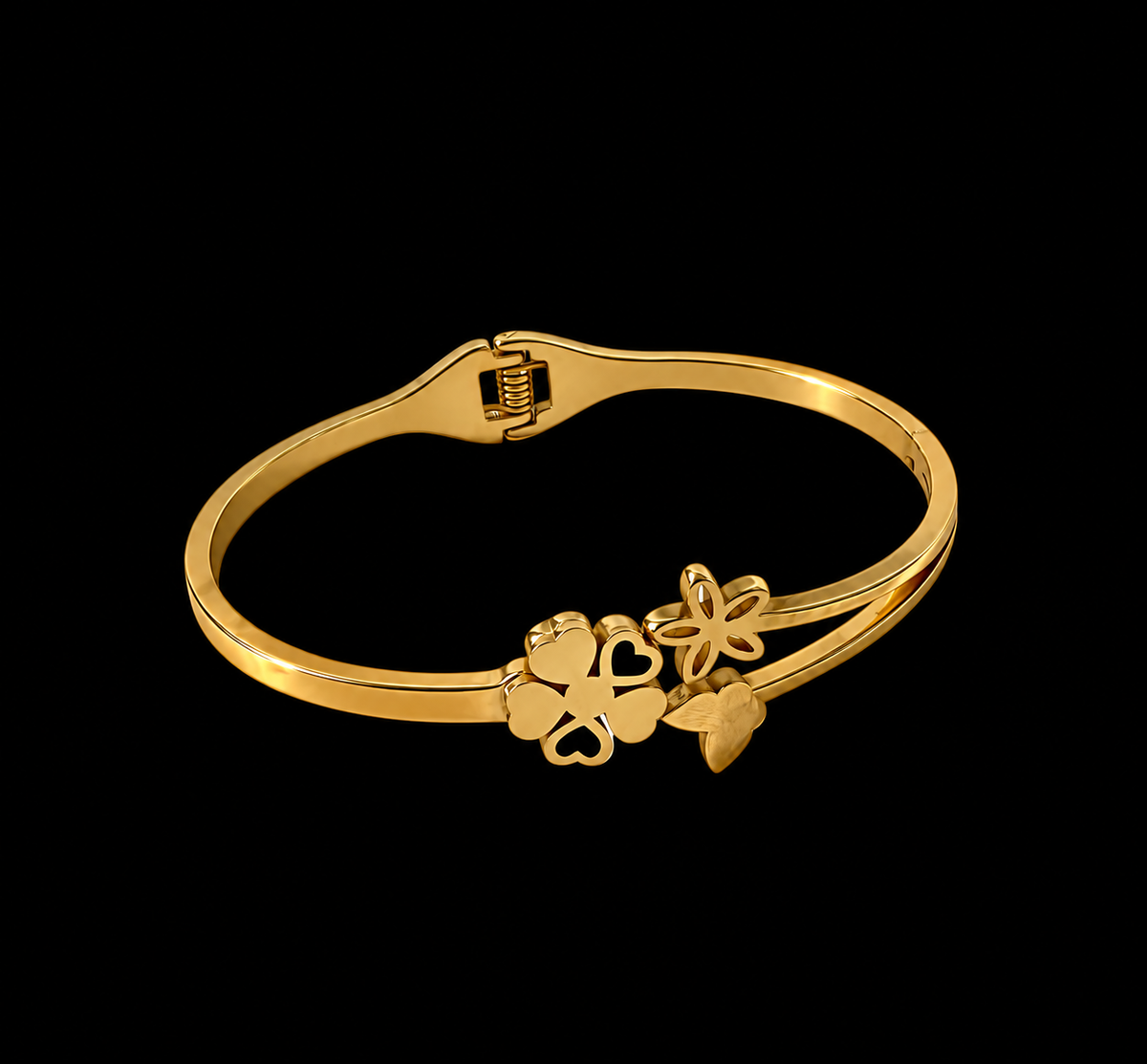 Gold-Tone Butterfly & Floral Open Bracelet with Black Heart Accents