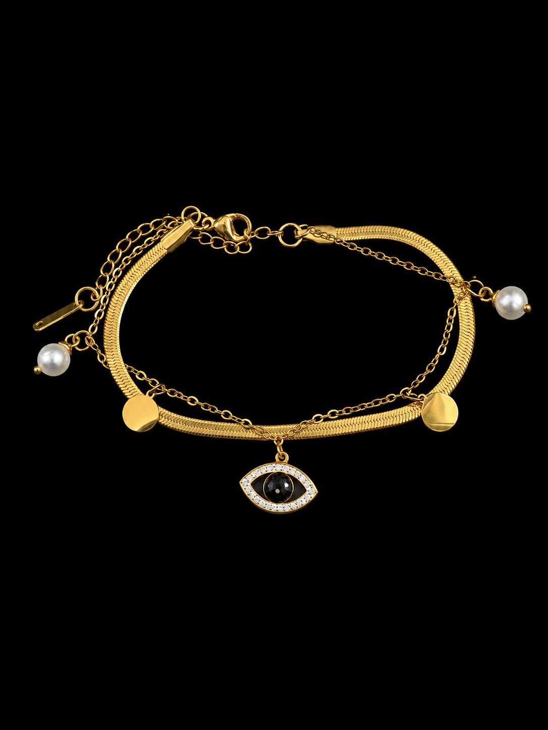Gold-Tone Evil Eye Layered Bracelet with Pearl Accents