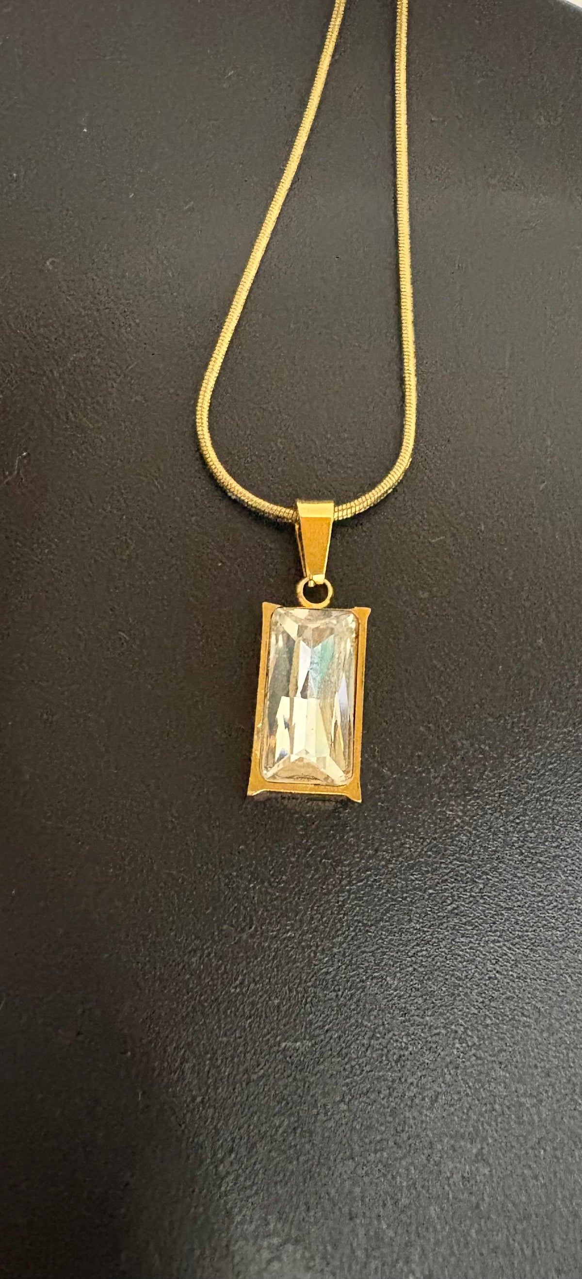 Rectangular Crystal Pendant Necklace – Minimal Gold-Tone Necklace