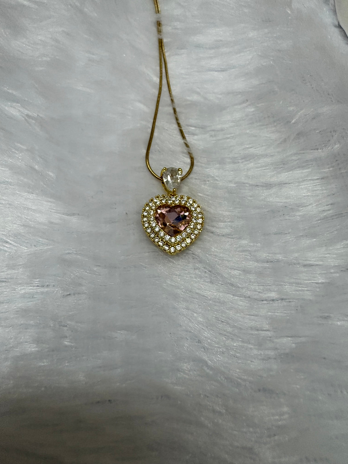 Pink Heart Crystal Pendant Necklace – Gold-Tone Statement Necklace
