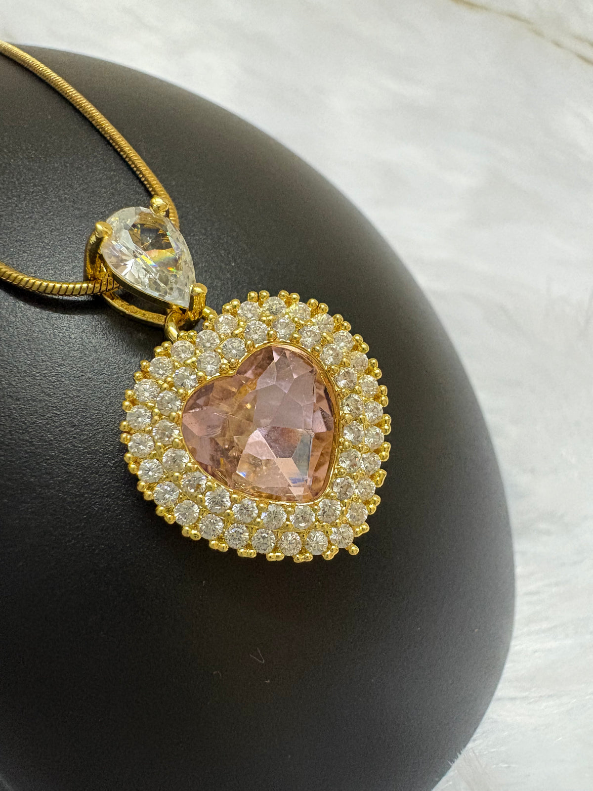 Pink Heart Crystal Pendant Necklace – Gold-Tone Statement Necklace