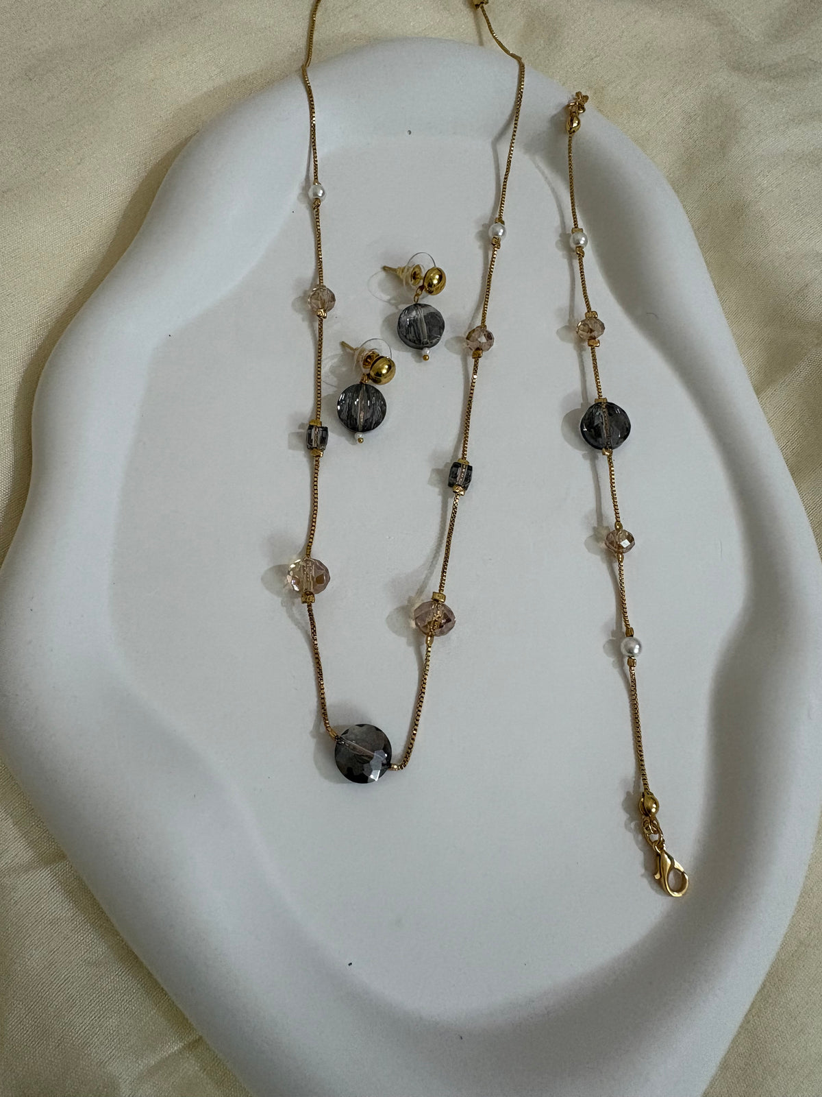 Grey Crystal Beaded Necklace Set – Short Necklace, Earrings & Bracelet