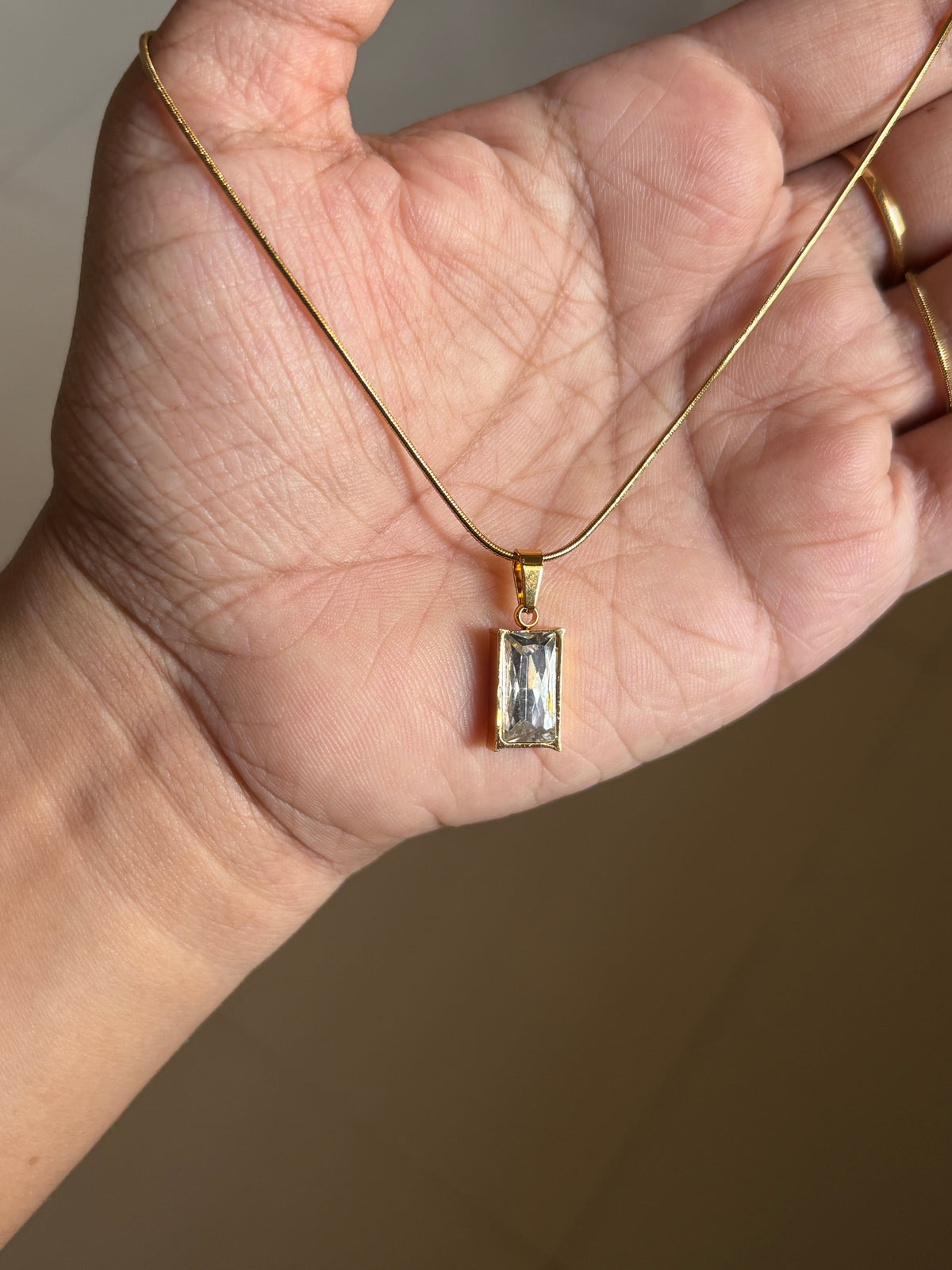Rectangular Crystal Pendant Necklace – Minimal Gold-Tone Necklace