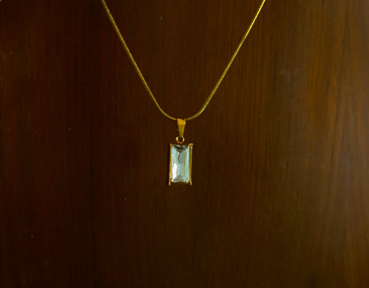 Rectangular Crystal Pendant Necklace – Minimal Gold-Tone Necklace