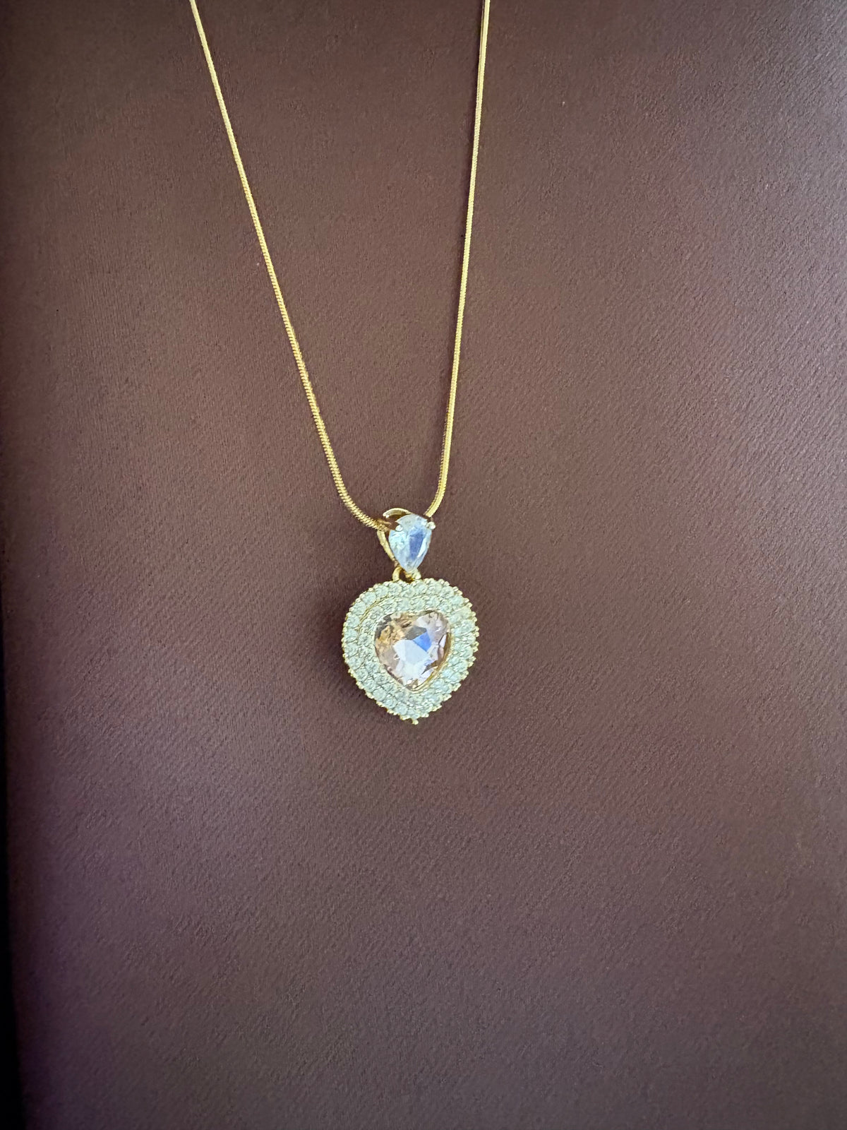 Pink Heart Crystal Pendant Necklace – Gold-Tone Statement Necklace