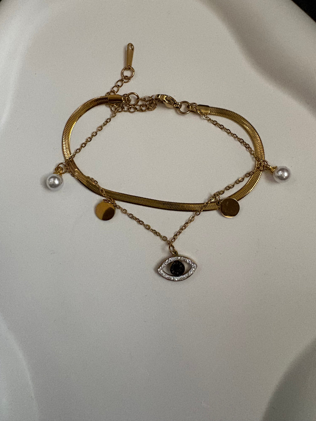 Gold-Tone Evil Eye Layered Bracelet with Pearl Accents