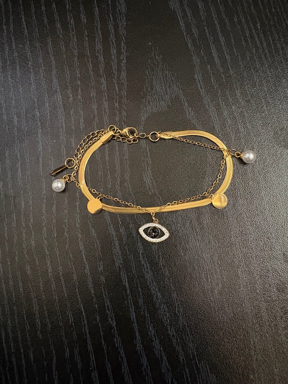 Gold-Tone Evil Eye Layered Bracelet with Pearl Accents
