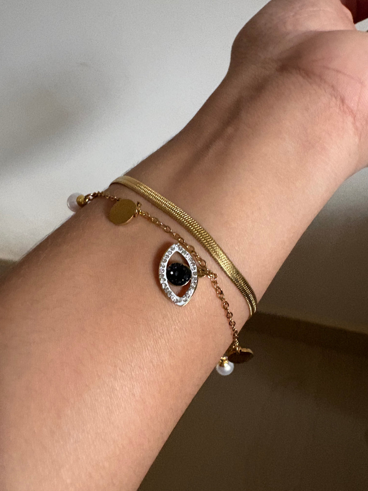 Gold-Tone Evil Eye Layered Bracelet with Pearl Accents