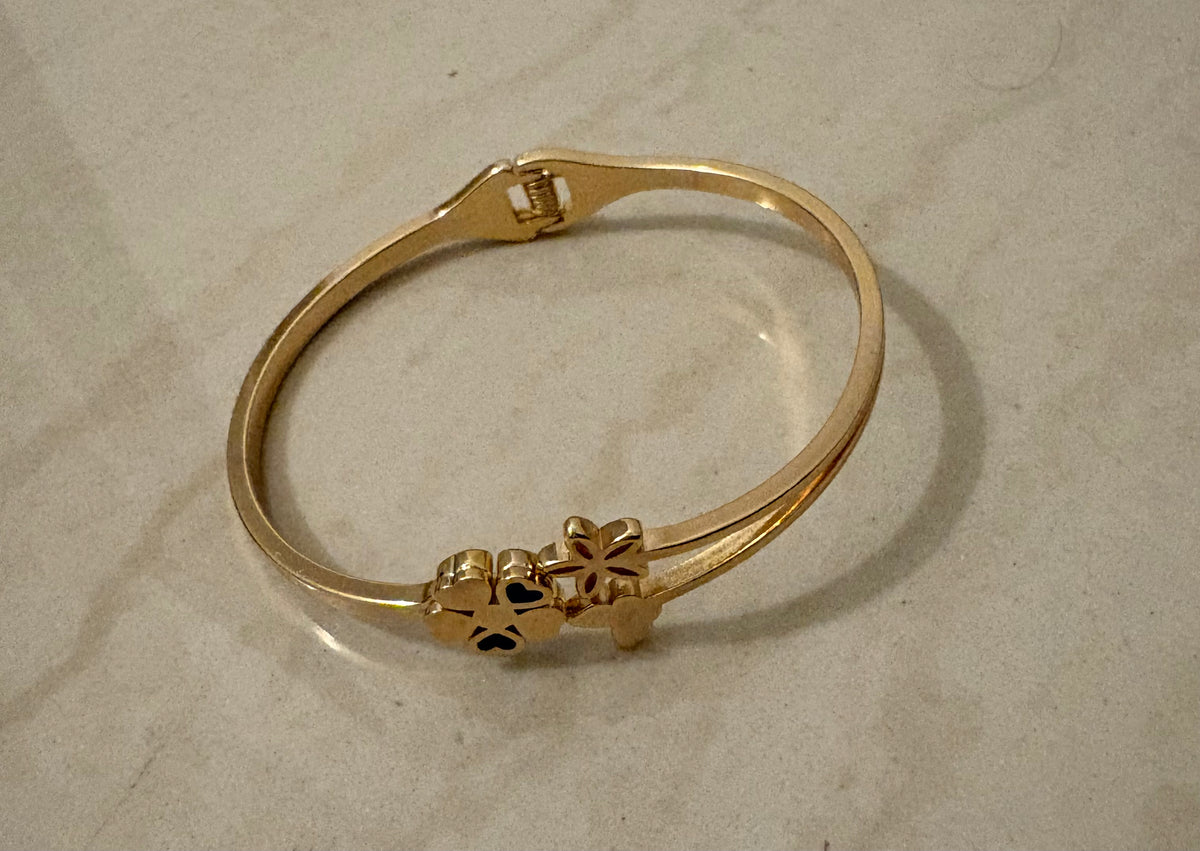 Gold-Tone Butterfly & Floral Open Bracelet with Black Heart Accents