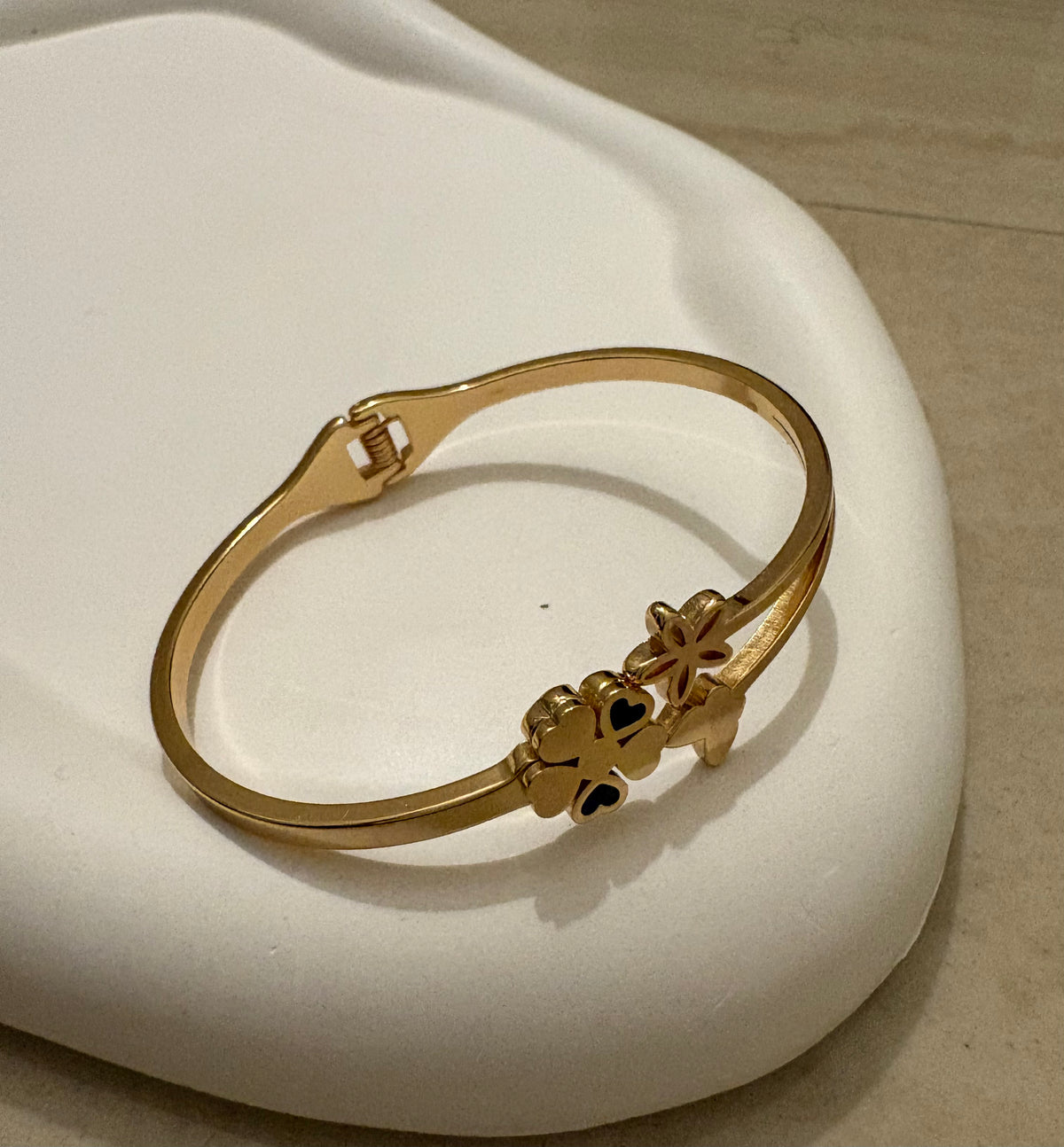 Gold-Tone Butterfly & Floral Open Bracelet with Black Heart Accents