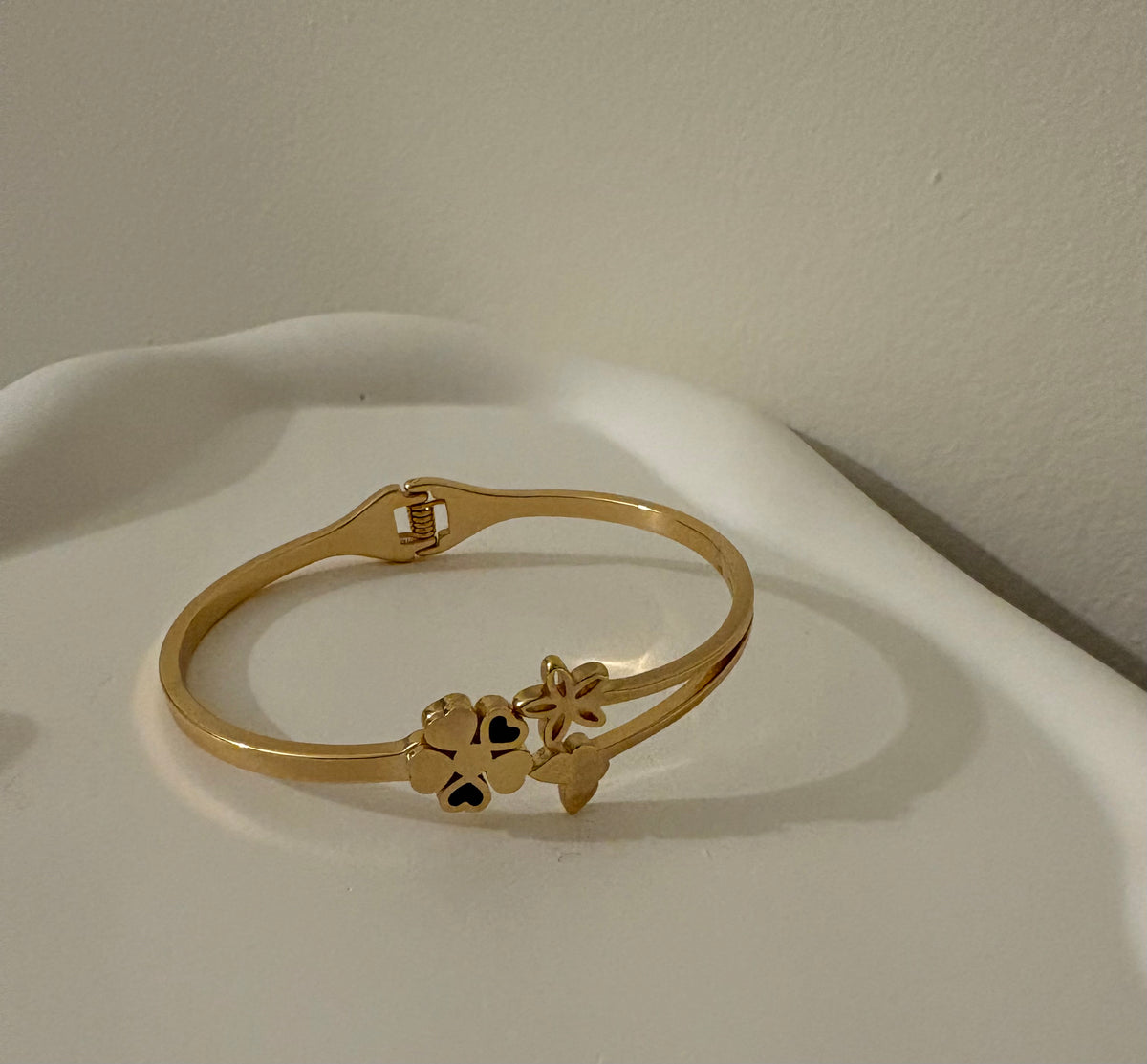 Gold-Tone Butterfly & Floral Open Bracelet with Black Heart Accents