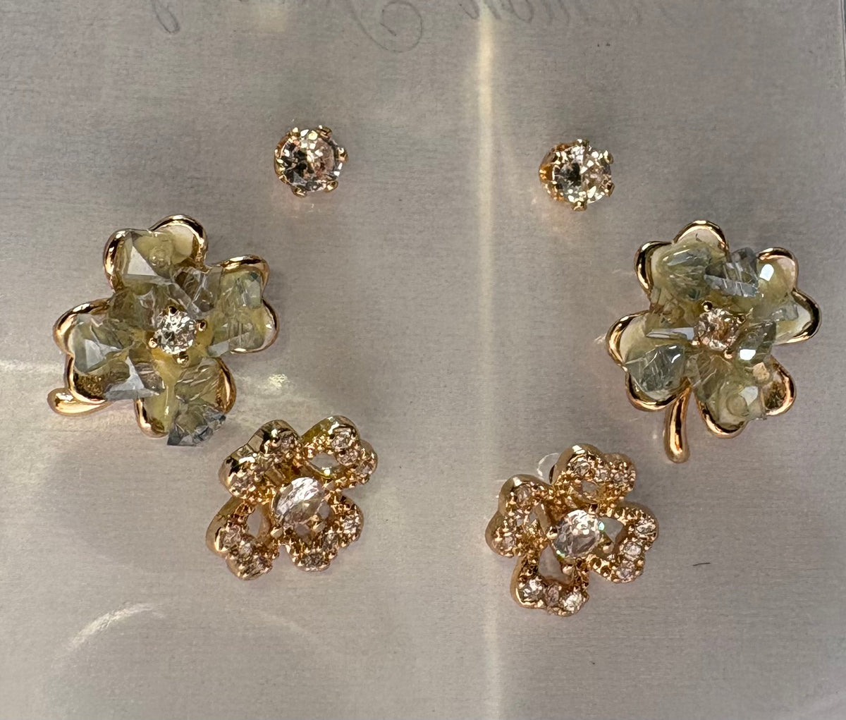 Pale Green Floral Sparkle Earrings Set
