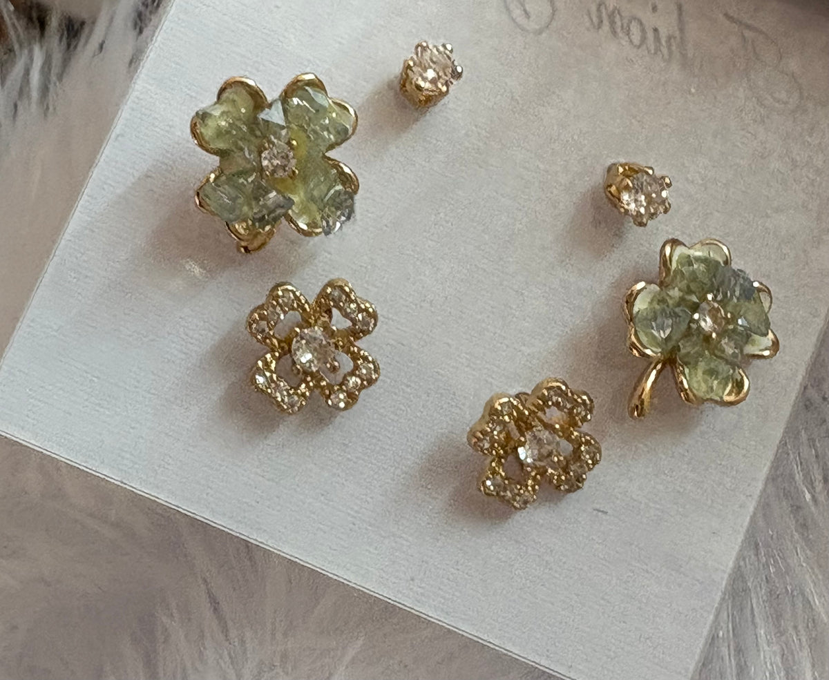 Pale Green Floral Sparkle Earrings Set