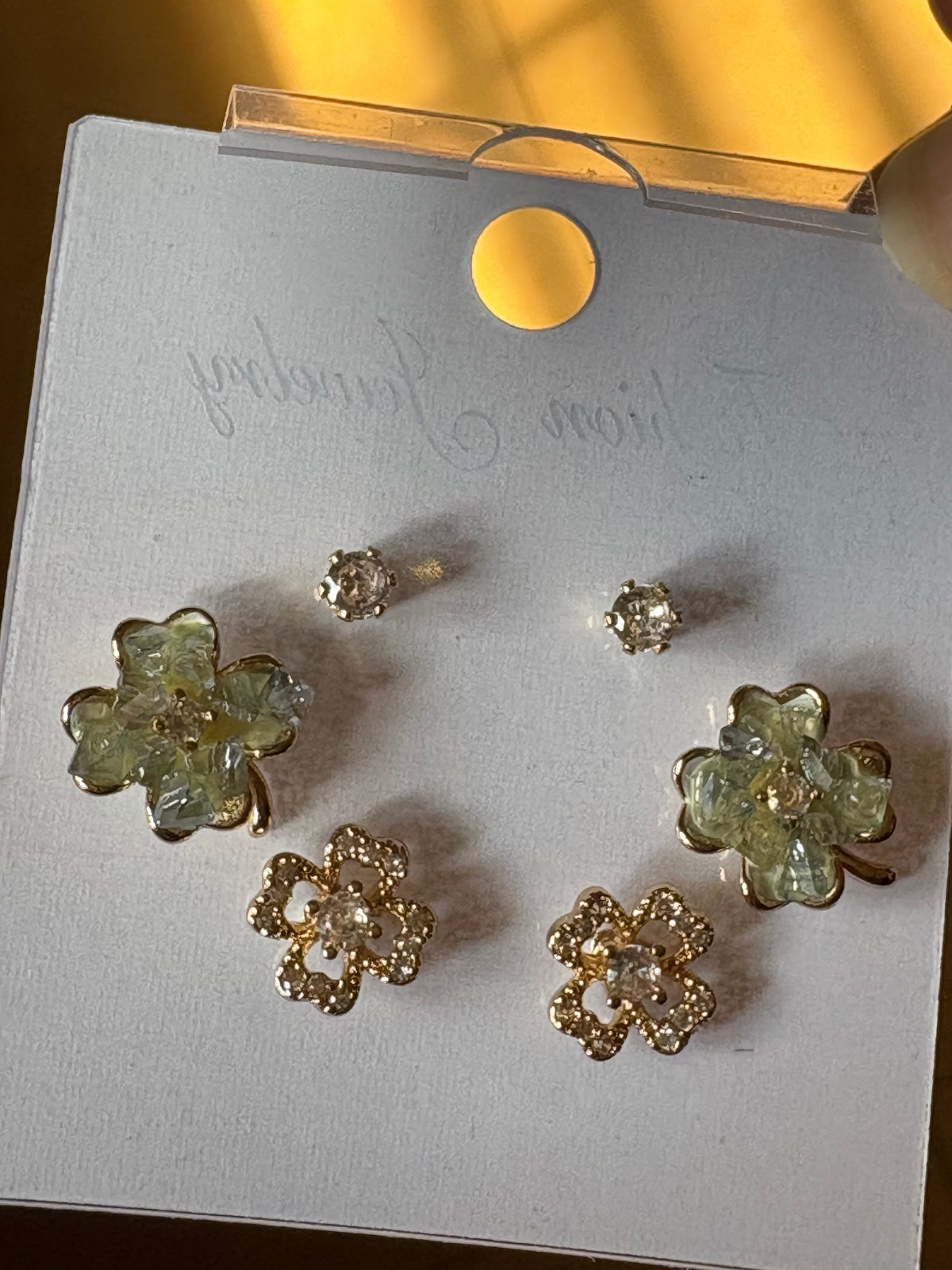 Pale Green Floral Sparkle Earrings Set