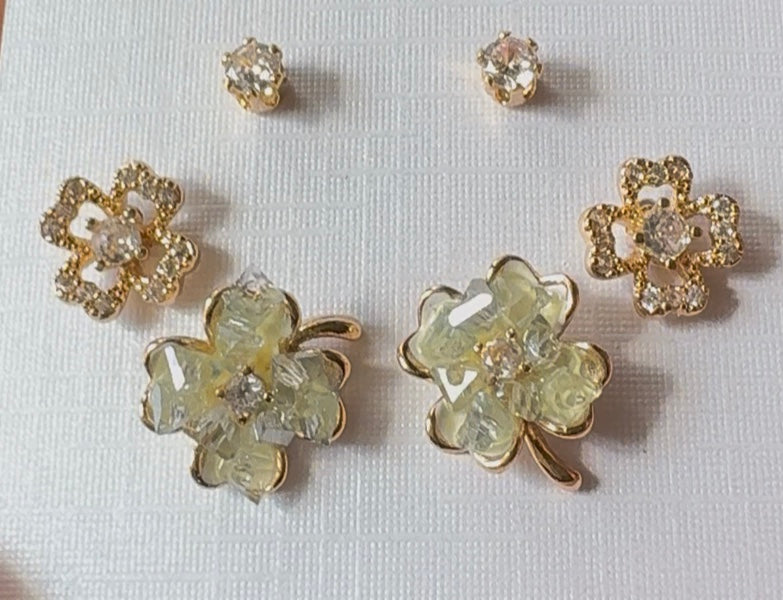 Pale Green Floral Sparkle Earrings Set
