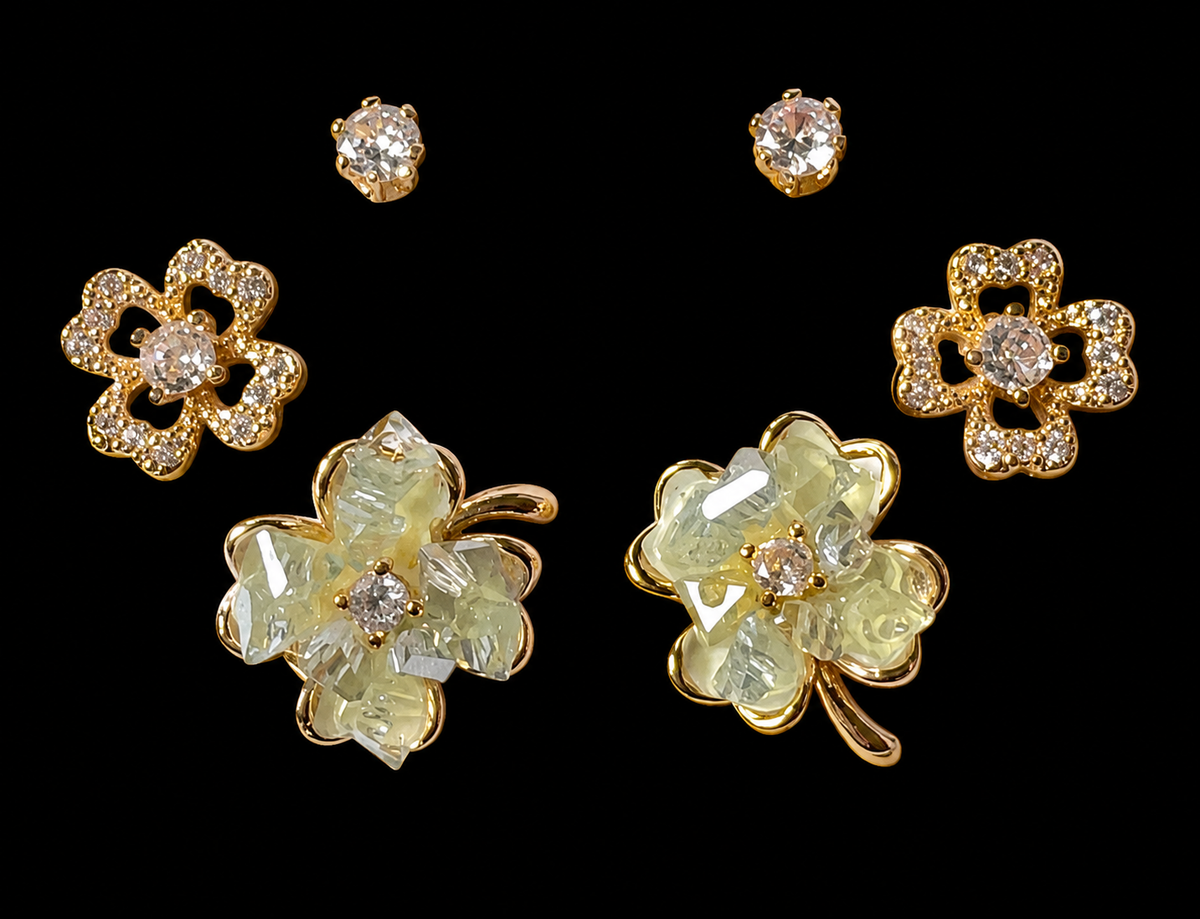 Pale Green Floral Sparkle Earrings Set