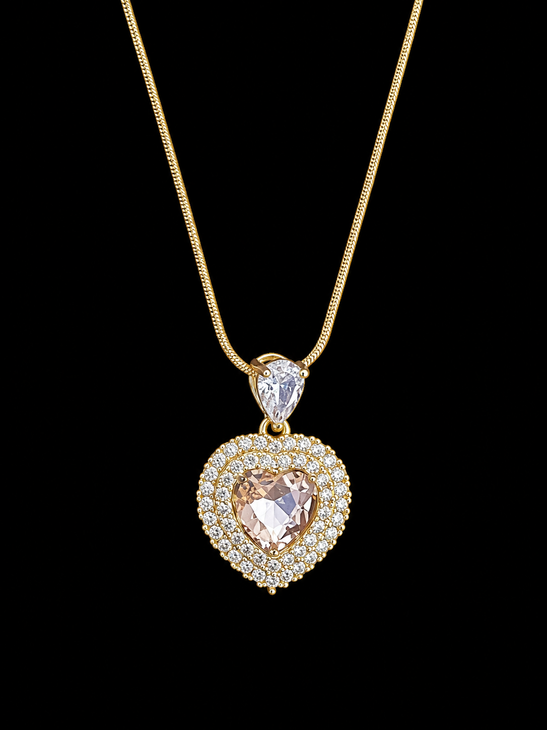Pink Heart Crystal Pendant Necklace – Gold-Tone Statement Necklace