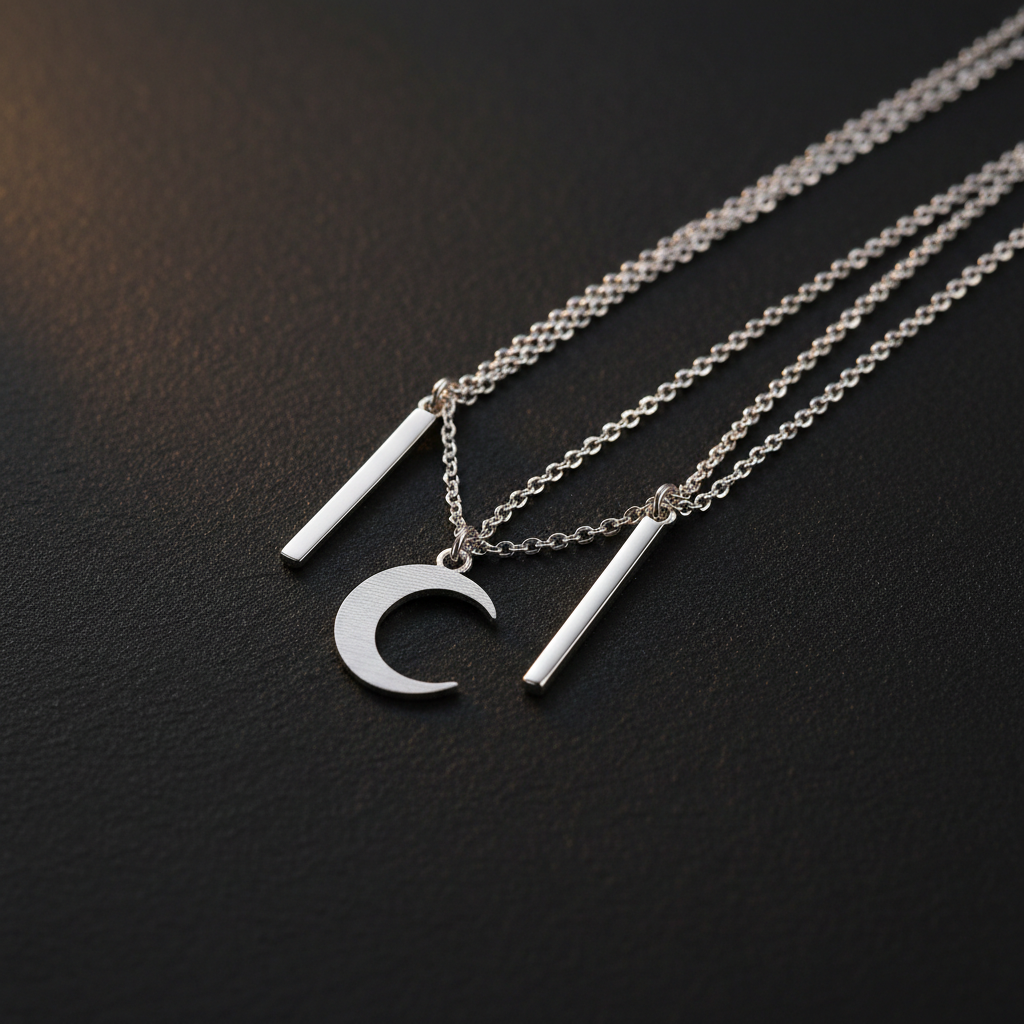 YOBHANI Layered Moon & Bar Necklace — two delicate anti-tarnish silver chain necklaces with moon and bar pendants