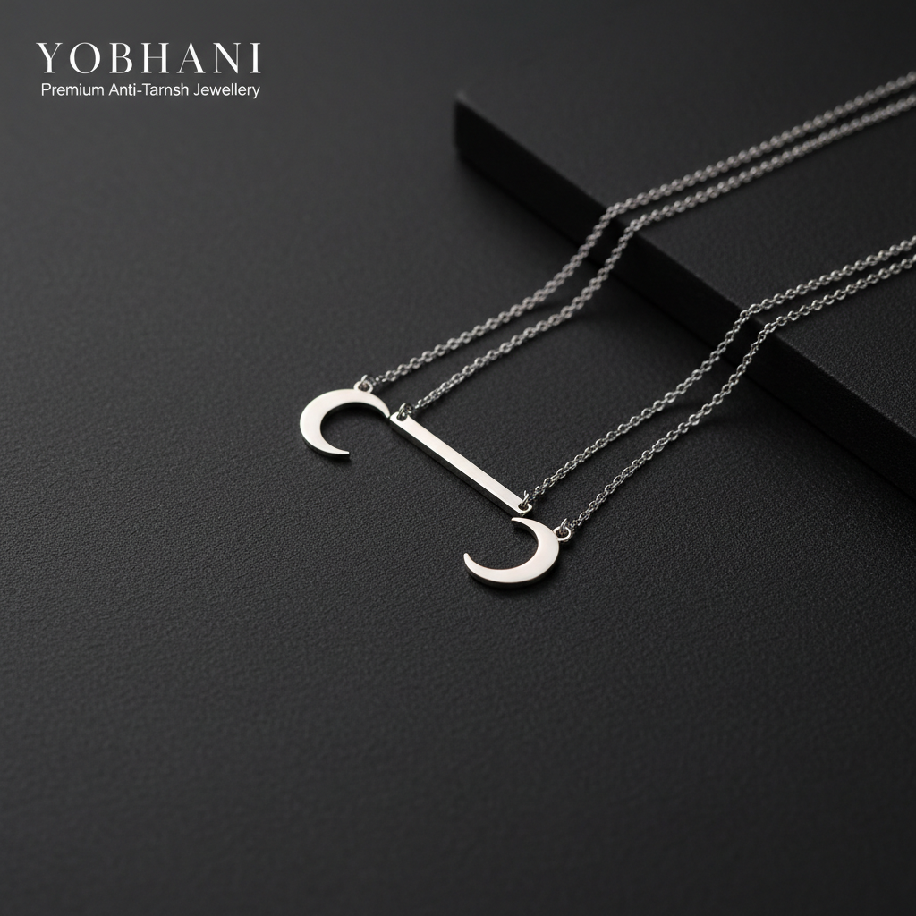 YOBHANI Layered Moon & Bar Necklace — anti-tarnish silver