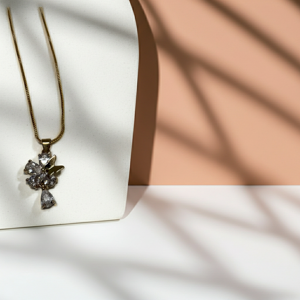 Floral Sparkle Pendant Necklace – Dainty Gold-Tone Necklace